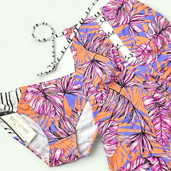 Salt + Cove LILAC MULTI Hawaii Printed 2-piece High-Neck Cutout Halter Tankini - Picture 11 of 12